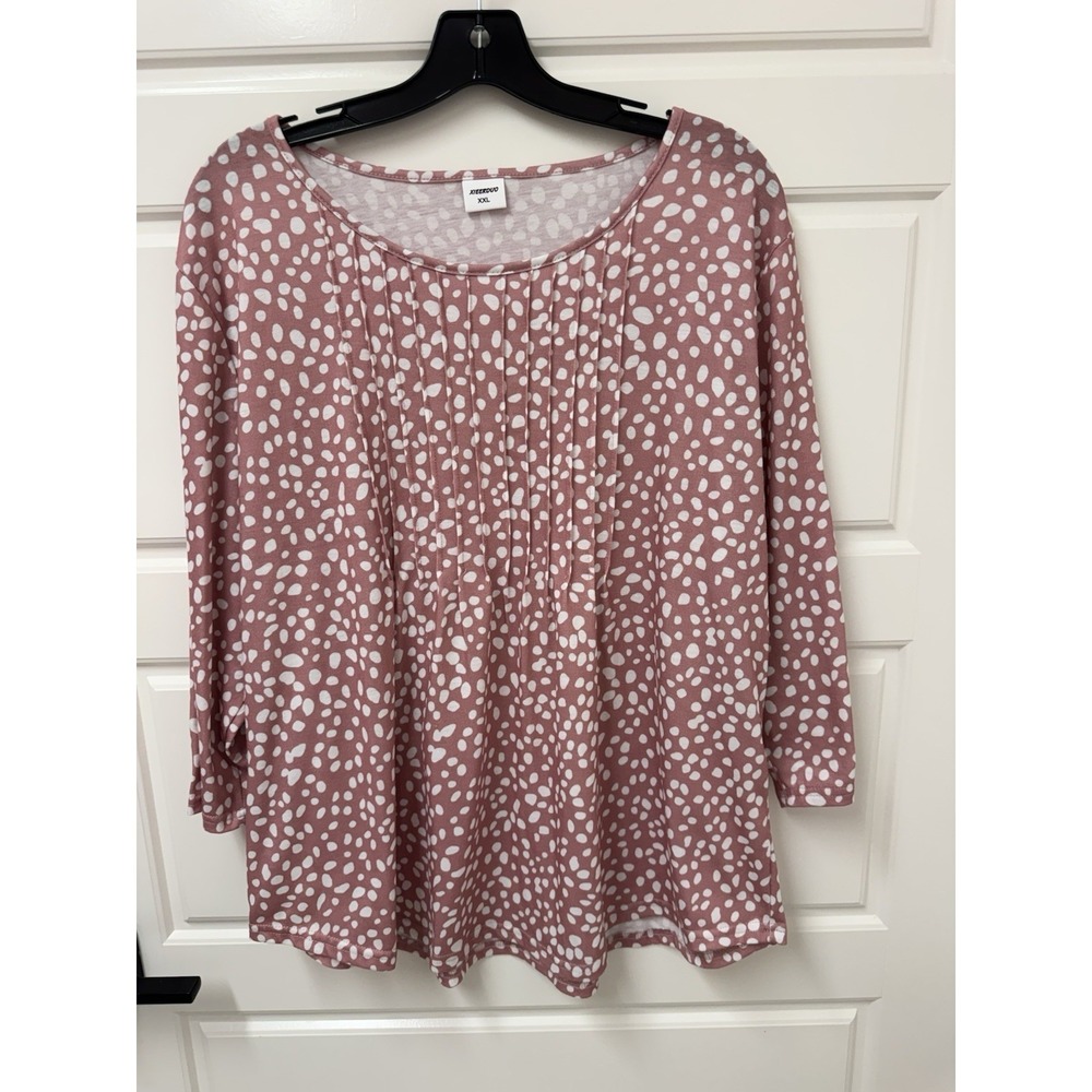 XIEERDUO Women XXL Blouse Top 3/4 Sleeve Stretch Pullover Mauve Pink Polka Dot